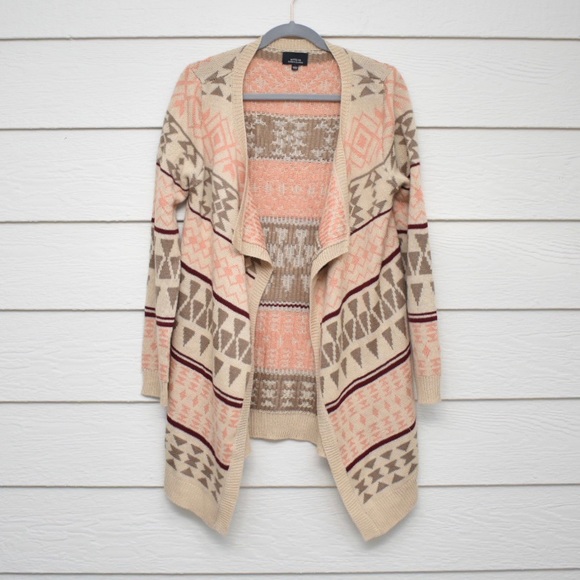 Active USA Sweaters - BOHO Southwestern Aztec Cream Pink Open Cardigan L